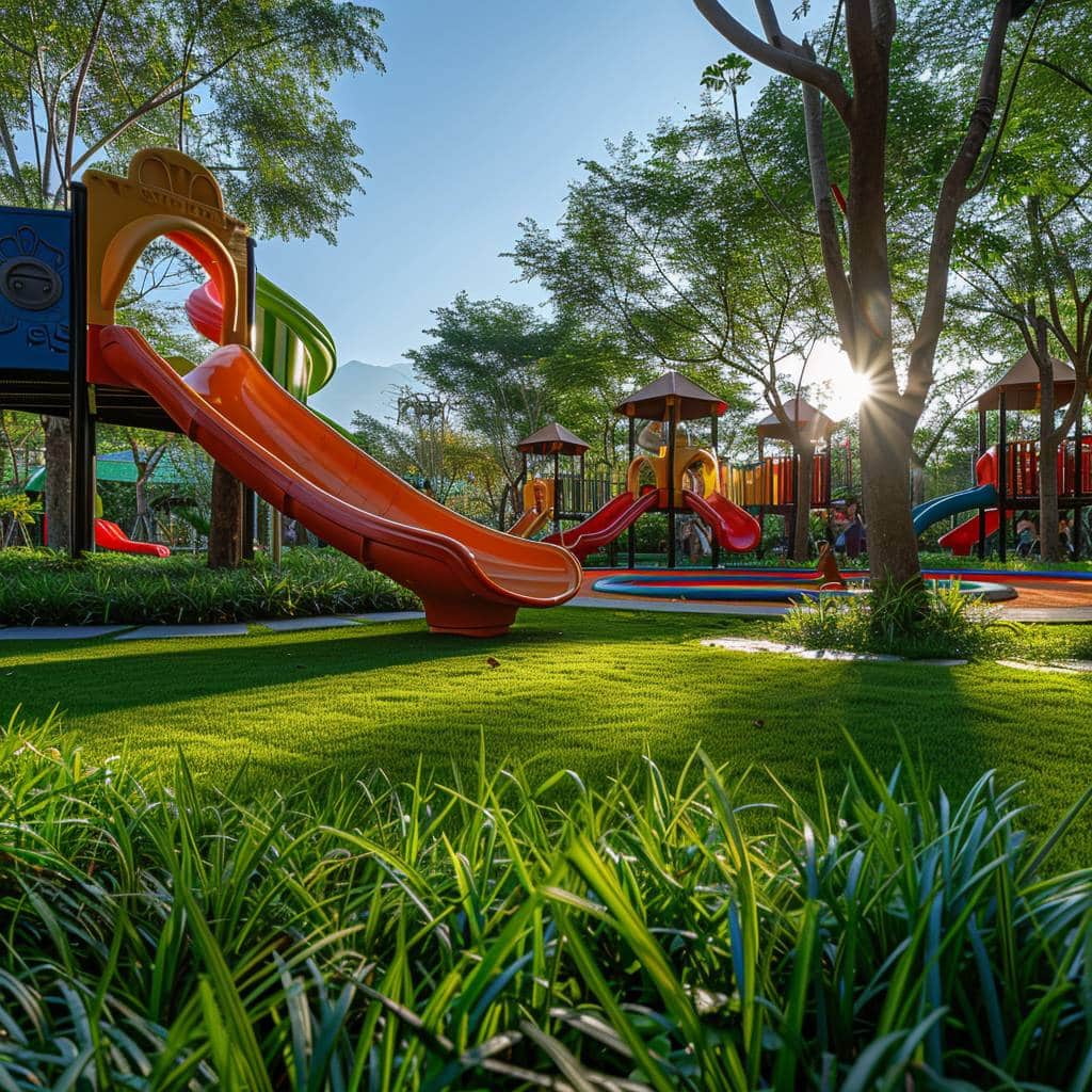 Aire de jeux avec toboggans et trampolines